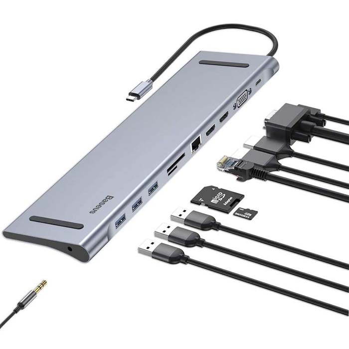 Baseus Hub USB C 11 en 1, Docking Station USB C Adaptateur avec 2 HDMI 4K,  3 USB 3.0, Ethernet, Type C PD, VGA, Lecteur de Cartes SD/TF, Audio 3,5mm pour  MacBook
