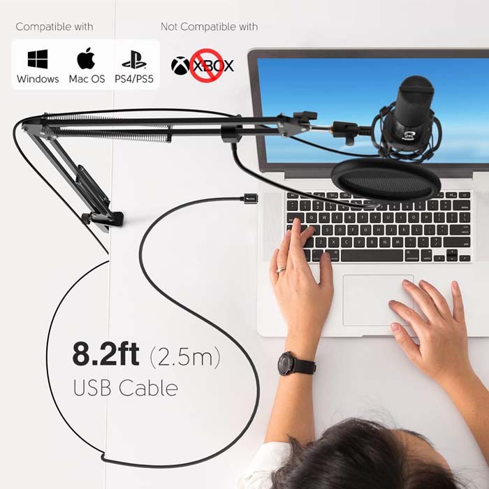 Kit Microphone USB à Condensateur Avec Bras Articulé - Pour Streaming, Podcast, Chat Vocal - Support Anti-choc Et Pince - Noir